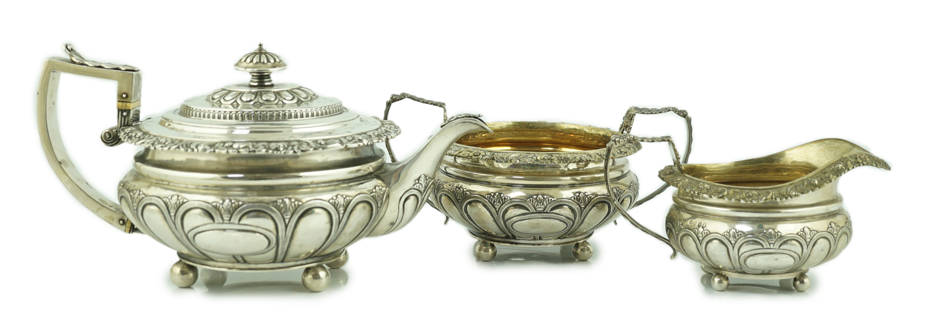 A George IV silver three piece tea set, by William Bateman